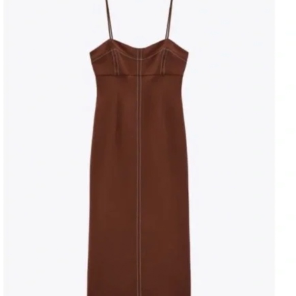 Zara Brown Topstitch Midi Dress - Picture 2 of 3